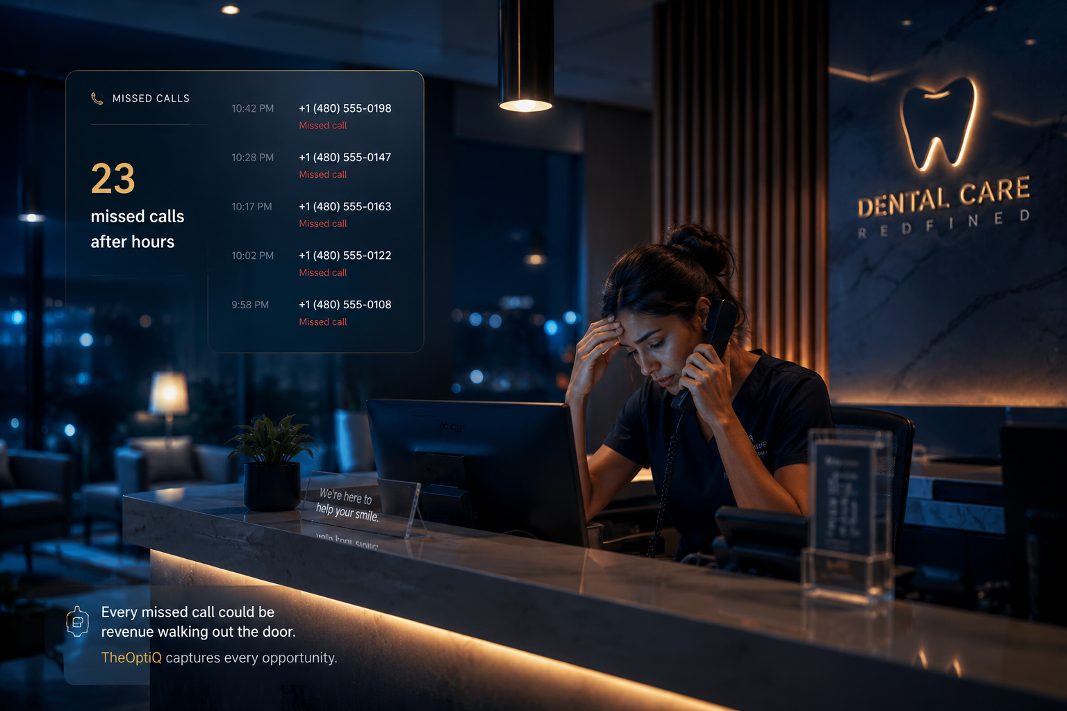 Dental clinic reception after hours — no AI coverage